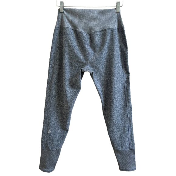 Alo Yoga High Waist Alosoft Lounge Leggings Heather Ribbed Cuff Blue Grey Size L - Picture 8 of 10